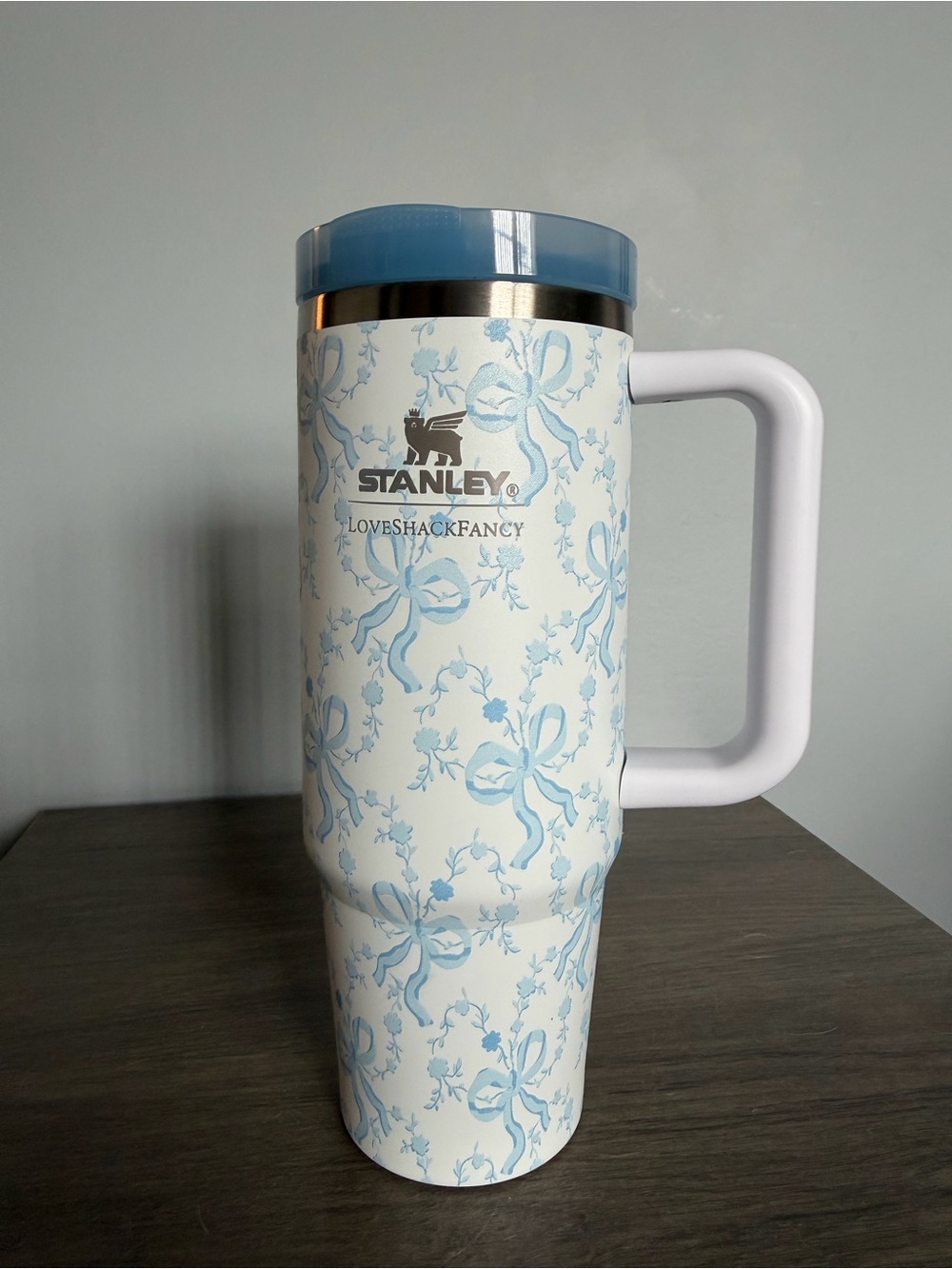 LoveShackFancy Stanley White Travel Mug with Light Blue Ribbon Pattern